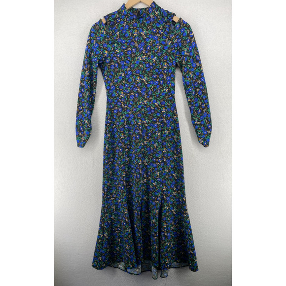 ZARA Dress XS Crepe Flare Long Floral Mock Neck Shoulder Cutout Long Sleeve Blue - Picture 1 of 14